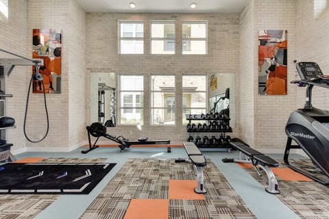 Fitness center with benches, free weights and rowing machine.